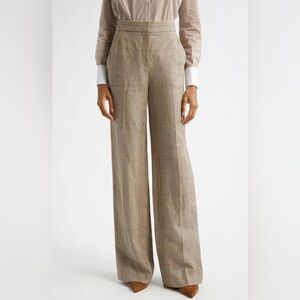 Veronica Beard Tonelli Windowpane Plaid Linen & Cotton Pants in Ecru/Ochre Sz 6